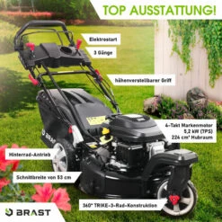 BRAST Rasenmäher Benzin Trike 5,2kW(7PS) Mit Variablen Antrieb Elektrostart 53cm Schnittbreite 224ccm Stahlgehäuse 60L Fangkorb 4-Takt Motor TÜV -Angebote Rasenmäher & Zubehör Store 29206619 4