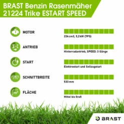 BRAST Rasenmäher Benzin Trike 5,2kW(7PS) Mit Variablen Antrieb Elektrostart 53cm Schnittbreite 224ccm Stahlgehäuse 60L Fangkorb 4-Takt Motor TÜV -Angebote Rasenmäher & Zubehör Store 29206619 5