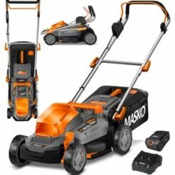 MASKO® Akku Rasenmäher ECO-X10 Inkl. 2X Akkus Li-Ion Batterie 4 Ah & Doppel-Ladegerät – Rasentrimmer Schnittbreite, 25-75mm Schnitthöhenverstellung , Schwarz / Orange, Schnittbreite 33cm